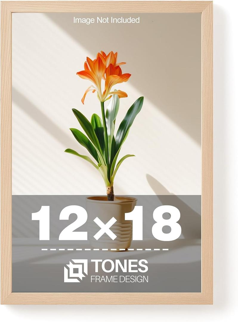 TONES FRAME DESIGN 12x18 Frame Natural Solid Wood Veneer 12 x 18 Frame with Shatterproof Plexiglass Wall Mounting Wooden Picture Frames 12x18 Poster Frame for Wall Display Home Decor, 12x18 - 1 Pack