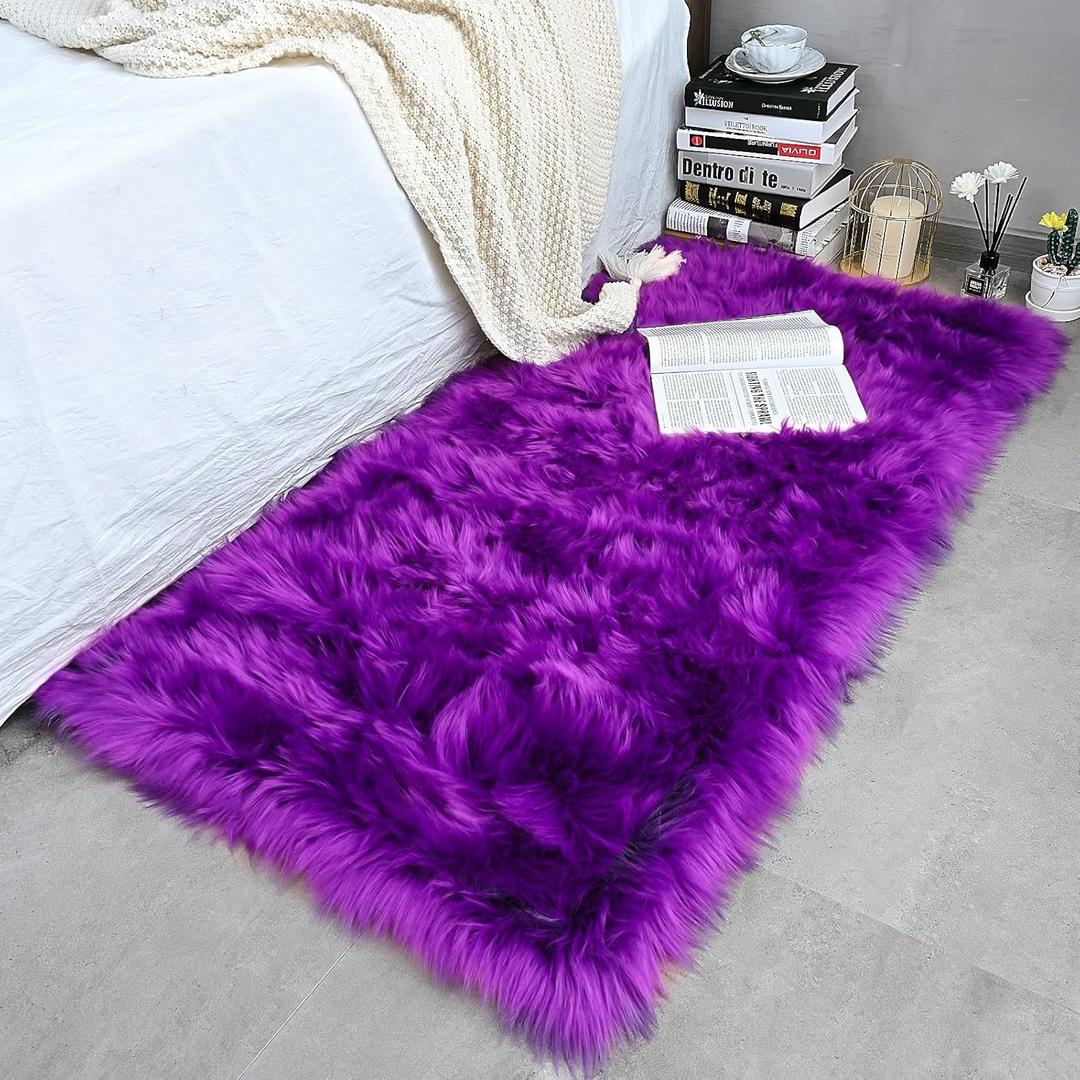 Soft Faux Fur Fluffy Area Rug, Luxury Fuzzy Sheepskin Carpet Rugs for Bedroom Living Room, Shaggy Silky Plush Carpet Bedside Rug Floor Mat, 2ft x 4ft, Purple