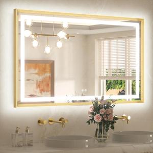 TETOTE 48 x 30 Large Bathroom Mirror Brushed Gold Metal Frame Frontlit & Backlit Vanity Mirror 3 Colors White/Warm/Natural Stepless Dimmable Anti-Fog Bathroom Mirrors for Vanity Wall-Mounted