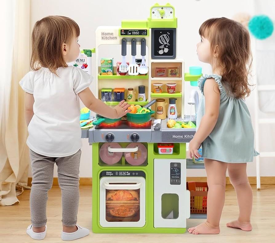 HOLYFUN Kids Kitchen Playset, Kitchen Set for Toddler with Sound and Light, Cooking Stove with Steam, Play Sink and Toy Kitchen Accessories, Pretend Kitchen Toys for Kids Girls Boys, Green