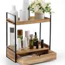 2-Tier Bathroom Organizer Countertop with Drawer, Wood Counter Shelf for Storage, Cosmetic Storage Vanity Tray for Bathroom Organization for, Kitchen, Office