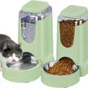 2 Pack Automatic Cat Feeder and Stainless Steel Water Dispenser, Gravity Dog Waterer Set Food Feeder and Waterer Set for Small Medium Kitten Puppy Pets(1 Gallon x 2, Green)