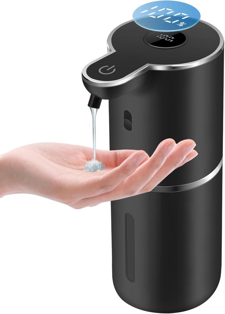 Automatic Liquid Soap Dispenser 12.8oz, Rechargeable & 6 Levels Soap Adjustable with Digital Display, Wall Mount, Waterproof, Touchless Hand/Dish Soap Dispenser for Kitchen, Bathroom, Hotel (Black)
