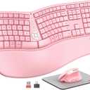MEETION Ergonomic Keyboard and Mouse, 2.4G USB Wireless Split Keyboard with Soft Palm Rest, 4 DPI Adjustable Vertical Mouse, Full Size Rechargeable Windows/Mac/Computer/Laptop, Pink