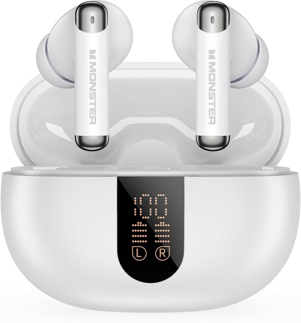 Monster N-Lite 211 Wireless Earbuds, Bluetooth 6.0 Stereo Headphones with Noise-Cancelling Mic and LED Display, Built-in Mic for Clear Calls, Waterproof Design for Sports