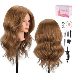 Mannequin Head with 100% Human Hair, MYSWEETY Doll Head for Hair Styling, Manikin Head Cosmetology Makeup Hairdressing Training Head with Clamp Holder and Tools(18" Brown, Makeup)