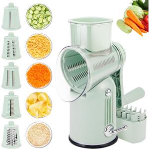Rotary Cheese Grater with Handle: 5-in-1 Cheese Grater Hand Crank, Strong Suction Base for Fruit Vegetables Nuts with Blade Storage Box (Green)