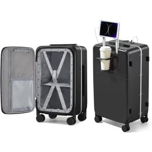 Hanke 20 Inch Carry On Luggage with Cup Holder and Charge,Top Opening Hard Shell Suitcases with Wheels and Dividers,Aluminum Frame Trunk Luggage Small Suitcase with Lock for Travel,Jet Black