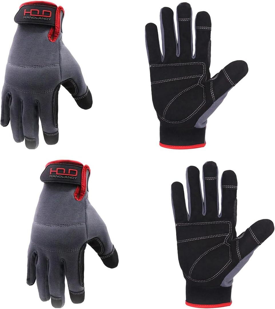 HANDLANDY Work Gloves for Men & Women, Utility Mechanic Working Gloves Touch Screen, Flexible Breathable Gardening Gloves for Yard Maintenance (Large, 2 Pairs)