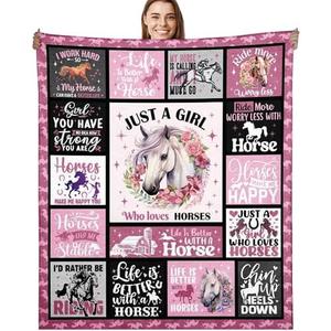 Horse Gifts for Girls Throw Blanket, Just a Girl Who Loves Horses Design Soft Cozy Comfy Flannel Blanket, Animal Lover Gift for Women Kids Friends, Purple (50" x 60")