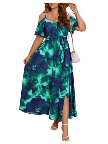 Floerns Women's Plus Size Cold Shoulder Short Sleeve Split Thigh Long Dress Blue and Green 1 XL