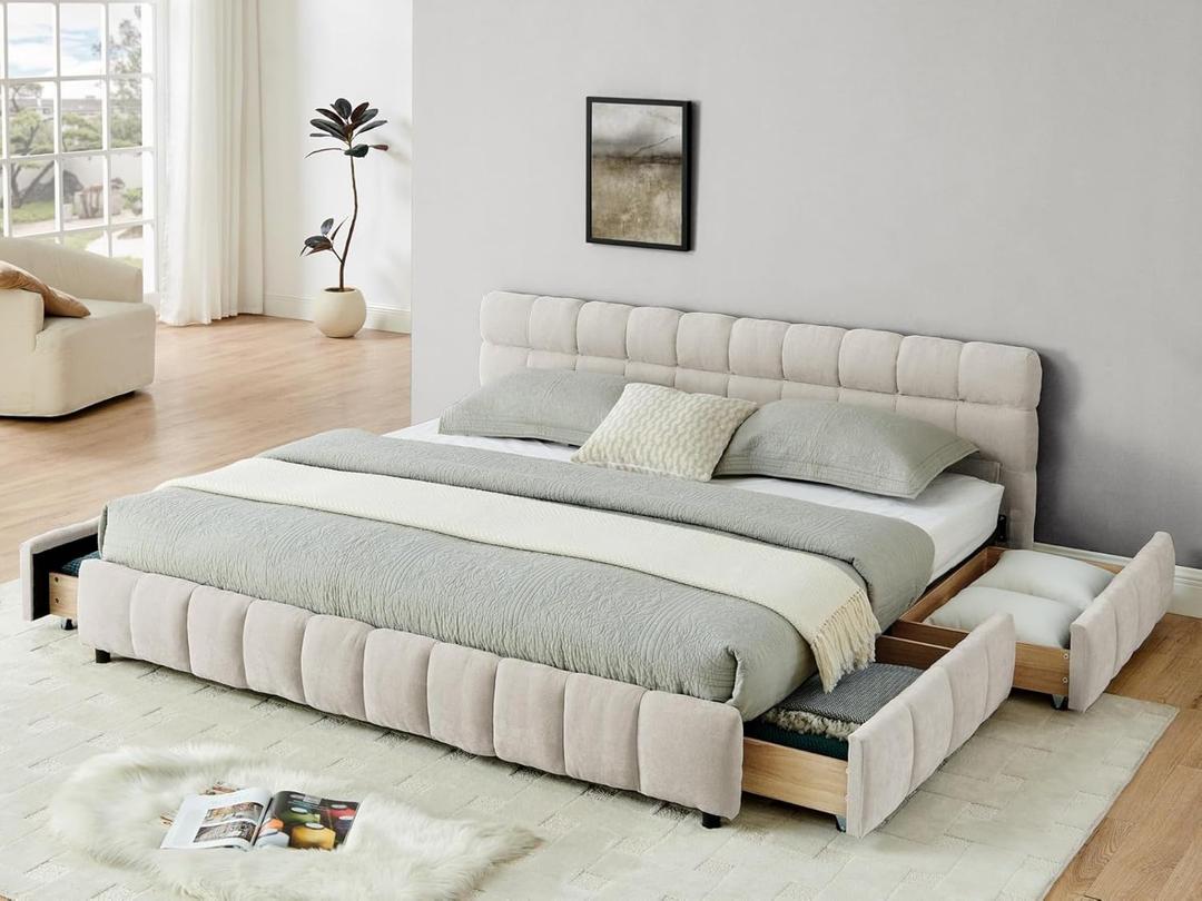 KEIKI King Thick Chenille Bed Frame with 4 Storage Drawer & Upholstered Tufted Headboard, Modern Solid Wood Floor Platform for Bedroom, No Box Spring Needed (Beige)