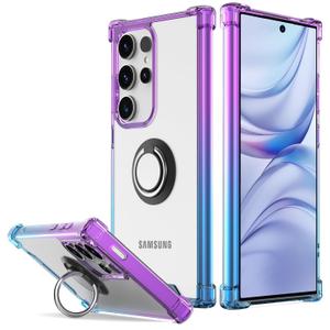 DAUPIN for Galaxy S25 Case Clear with 360 Rotation Metal Ring Holder Stand, Support Magnetic Car Phone Mount Soft TPU Bumper PC Hard Protective Phone Case for Samsung S25 5G (Purple Blue)