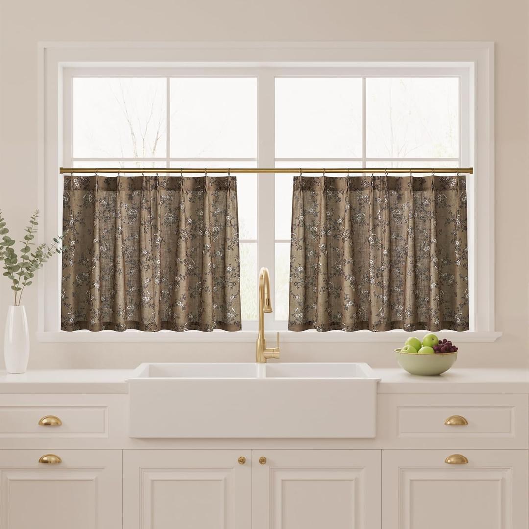 StangH Pinch Pleat Cafe Curtains 36 Inch Long Floral Printed Half Window Treatment Linen Tier Curtains Light Filtering Privacy Drapes for Cabinet/Kitchen/Bathroom,Khaki,26Wx36L,2 Panels