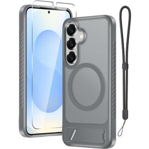 for Samsung Galaxy S25 Case with Screen Protector+Lanyard Wrist Strap,Magnetic Translucent Matte Rugged Slim Phone Cover Built in Invisible Kickstand [Fit for MagSafe],2025 Grey