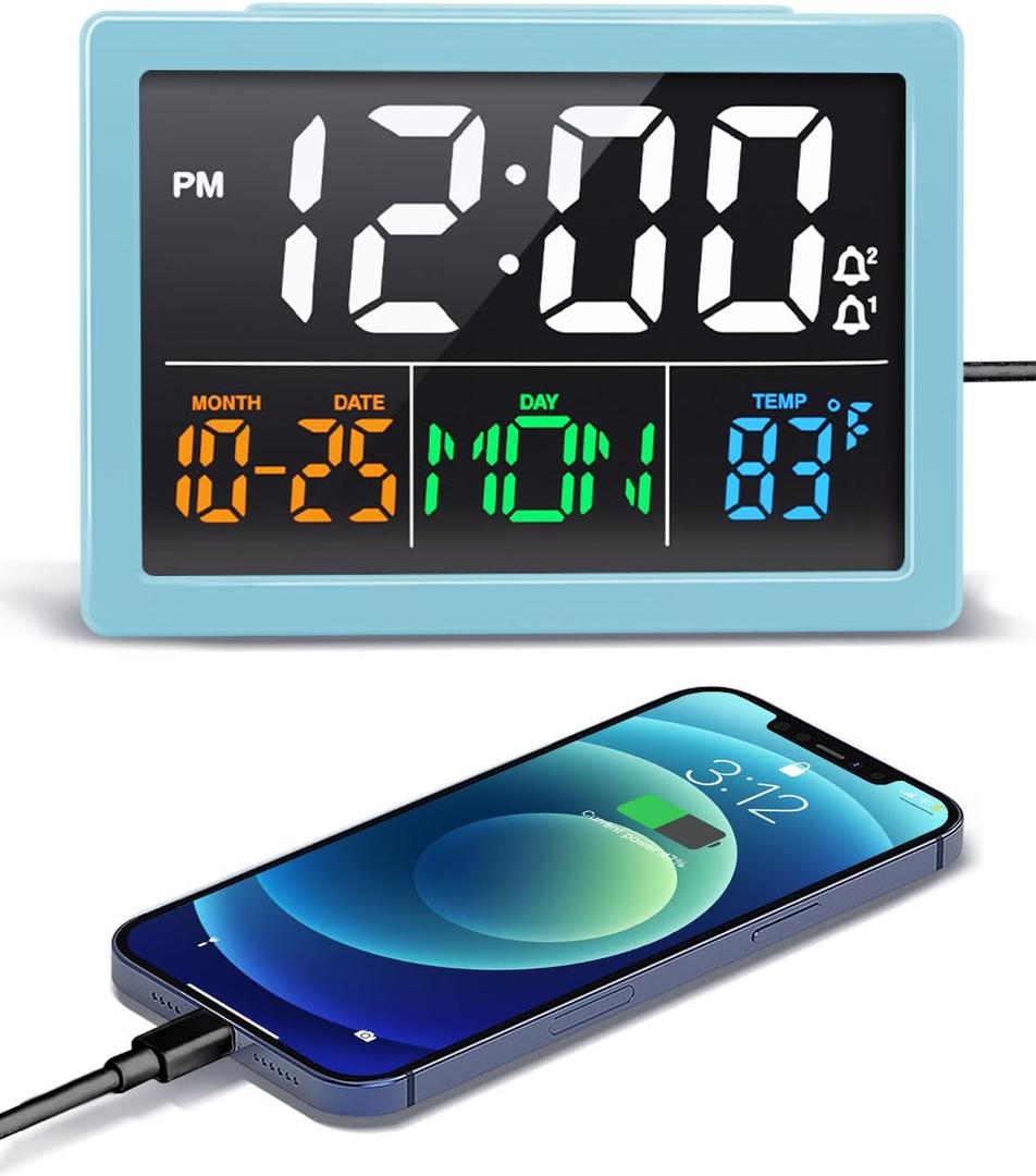 Digital Alarm Clock, with 5.5" Large LED Time Display, Adjustable Alarm Volume, 6 Level Brightness, Alarm Settings, USB Charger, Temperature Detect, Snooze, Clocks for Bedroom, Bedside, Desk, Blue (5.5 inches)