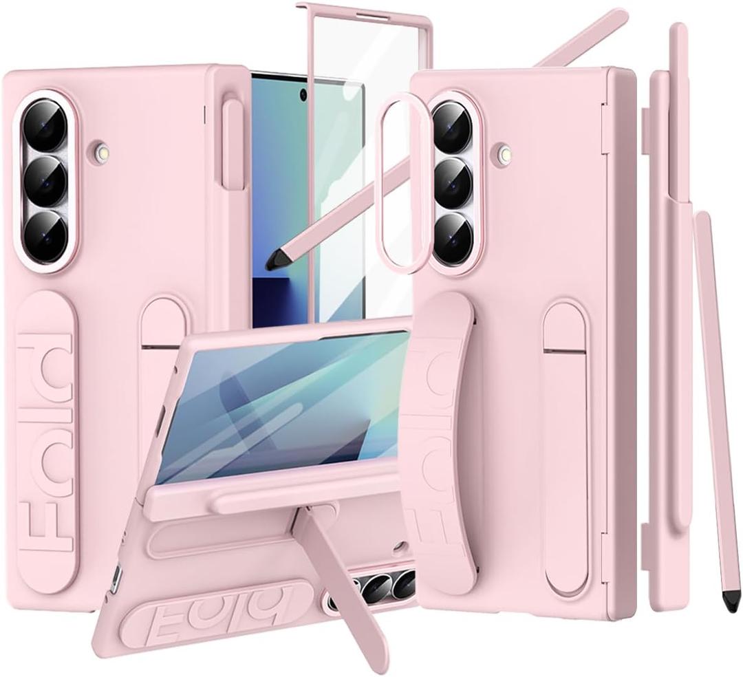 Finger Strap for Samsung Galaxy Z Fold 7 Case with S Pen Holder & Stylus, [Two Hinge Cover] Built inScreen Protector Kickstand Wristband Full Coverage Slim Protective Case for Z Fold 7 Pink