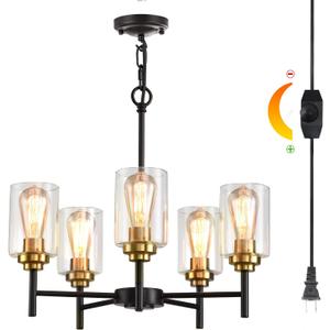 HOXIYA DIMMABLE PRE-Wired Plug in Chandelier with Clear Glass Shade Cord, 5 Light Modern Island Farmhouse Light Fixture, Black and Gold Pendant Ceiling Hanging Lighting for Dining Room