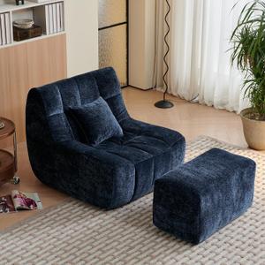 Bean Bag Chair with Footrest, Integrated Sponge Core Lounge Chair, No Loose Shredded Foam, Soft Velvet Bean Bag Sofa with Backrest for Adults, Bedroom, Living Room, Dorm (Blue)