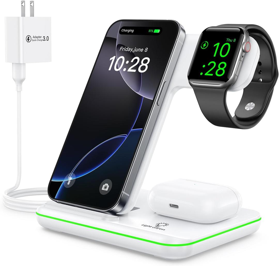 WAITIEE Wireless Charger for iPhone 16 15 14 13 12 11 X 8, 3 in 1 Charging Station for Apple Watch 10/9/8/7/6/5/4/3/2/SE/Ultra/Ultra 2 & for AirPods 4/3/2/Pro/Pro 2(White)