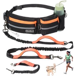 Hands-Free Waist Leash with Pouch for Two Dogs: Reflective Stitching, Dual Handle & Bungee Retractable Design  Ideal for Medium to Large Dogs (Orange)  Dog Walking Accessories
