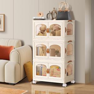 EHAMILY 8.4 Gal Folding Storage Box with Wheel and Door, Clear Plastic Large Foldable Cabinet, Stackable Storage Bins with 1 Lid Set 3 Tier, White Collapsible Bin