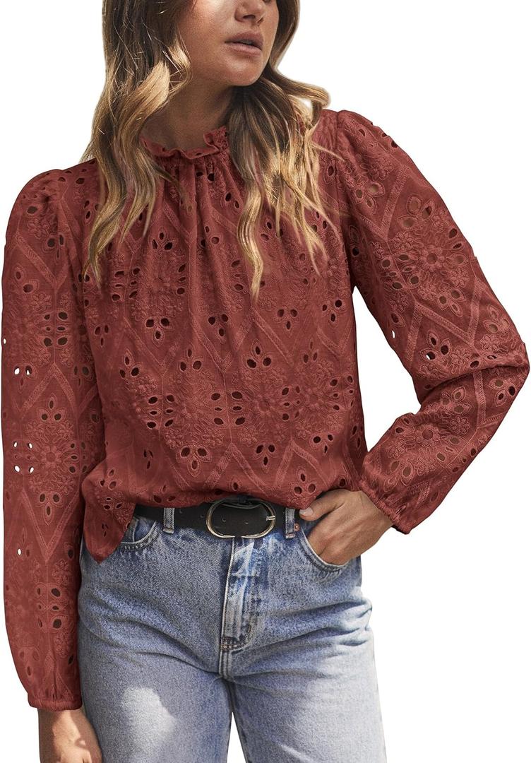 PRETTYGARDEN Tops for Women Trendy 2025 Fall Long Sleeve Blouses Dressy Casual Embroidered Eyelet Shirts Going Out Outfits (L)