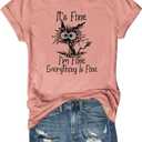 Women's I'm Fine Everything is Fine T-Shirts Short Sleeve Sayings Loose Fit Casual Cute Cat Graphic Tee Blouse Tops (X-Large)