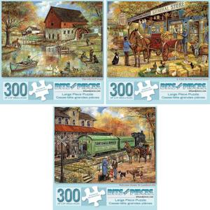 Bits and Pieces  Value Set of Three Large 300 Piece Jigsaw Puzzles for Adults  Jigsaw Puzzles Designed by Artist Ruane Manning, Completed Puzzle Size: 18" x 24"