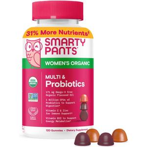 SmartyPants Organic Women's Multivitamin Gummies: Biotin, Probiotics, Methylfolate, Omega 3 (ALA), Vitamin D3, C, Vitamin B12, B6, A, K & Zinc, Inositol, Gluten Free, 120 Count (30 Day Supply)
