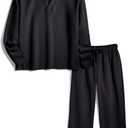 Ainangua Casual 2 Piece Sets for Women V Neck Long Sleeve Tops Wide Leg Pants Workout Outfits Fashion Carmel Travel Set (X-Small, Black)