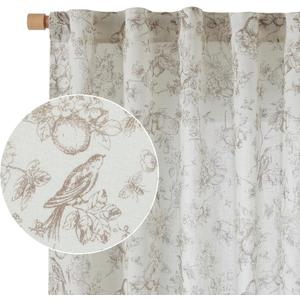 Vangao Linen Floral Curtains for Living Room 84 Inch Length Taupe Drapes Back Tab Light Filtering Toile Printed Farmhouse Bedroom Decor Rod Pocket Window Treatments 2 Panels Set