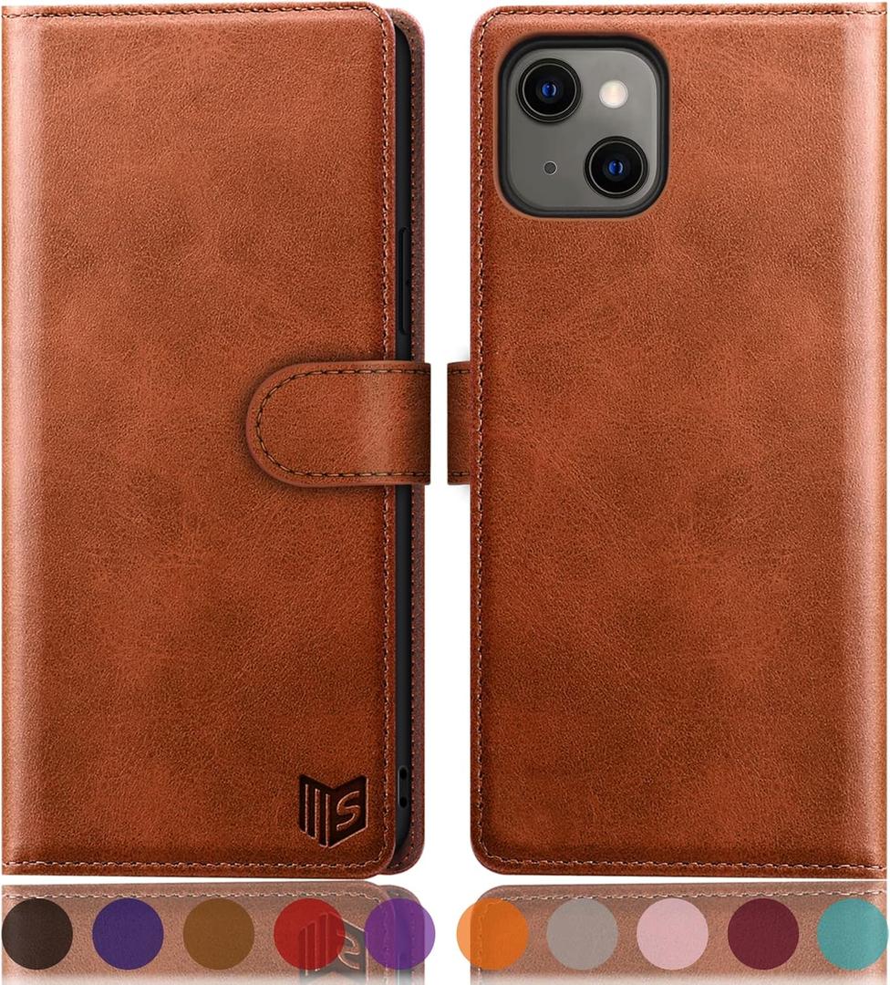 SUANPOT for iPhone 13 (NON 13Pro) 6.1 inch 5G with RFID Blocking Wallet case Credit Card Holder,Flip Book PU Leather Phone case Shockproof Cover cellphone Women Men for Apple 13 case Wallet Light Brown