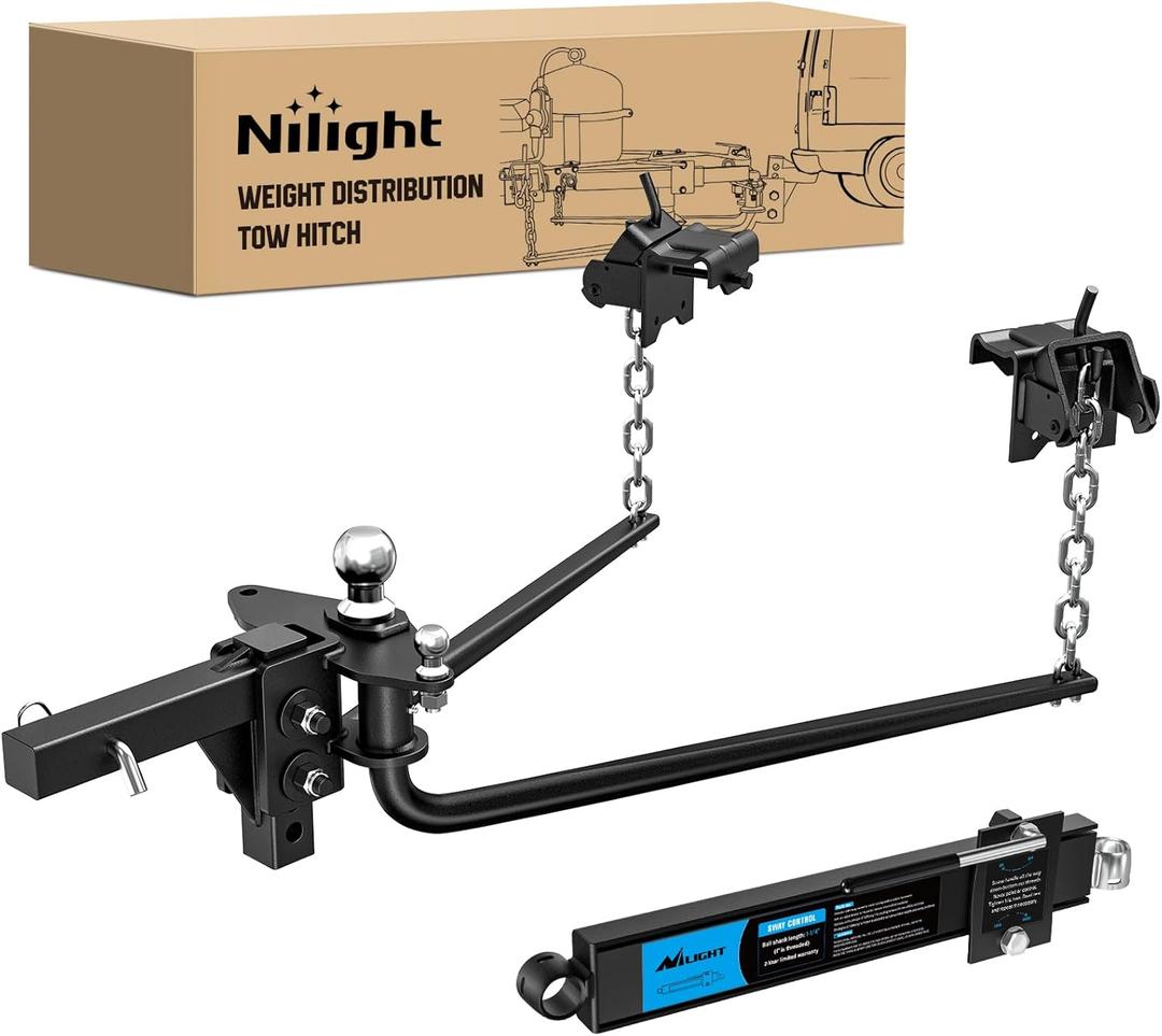 Nilight 1200 lbs Round Bar Weight Distributing Hitches Kit with Interchangeable Spring Bars and Sway Control, 2-in Solid Steel Shank, 2-5/16 in Alloy Steel Ball