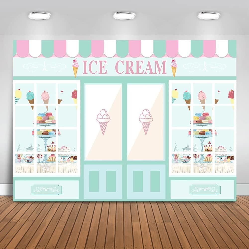 Mocsicka Ice Cream Shoppe Backdrop Sweet Shoppe Girl Birthday Background Ice Cream Palor Dessert Shop Birthday Party Decoration Banner Photo Booth Props (7x5ft)