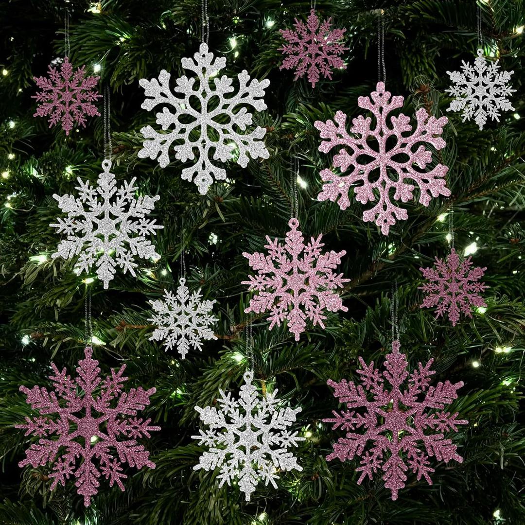36pcs Pink Silver Christmas Snowflake Ornaments, Plastic Glitter Hanging Snow Flakes for Christmas Tree Decorations Winter Wonderland Frozen Birthday Party Home Decor Craft Snowflakes