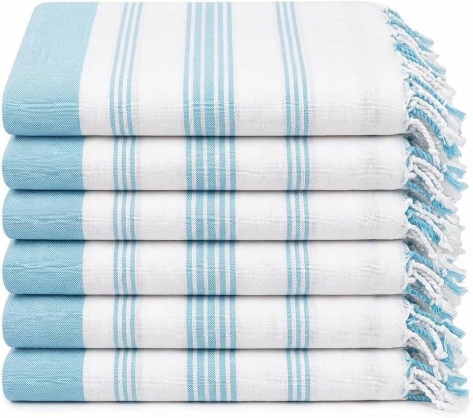 Turkish Beach Towels Set of 6, Large 36" x 71" Towel Set Aqua & White
