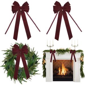 AIMUDI Burgundy Velvet Bows - 6.5" x 15" Christmas Bows for Gift Wrapping, Tree, Wreath, Garland, Staircase, Home & Outdoor Winter Decorations, 2 PCs