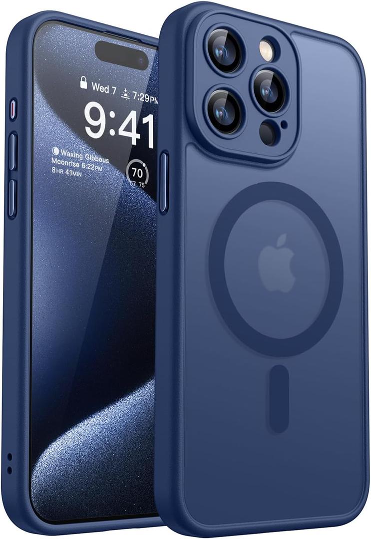 CANSHN Magnetic Compatible with iPhone 15 Pro Case, Upgraded [Full Camera Protection] [Compatible with Magsafe] [Translucent Matte] Shockproof Protective Phone Case Cover 6.1 Inch - Deep Blue
