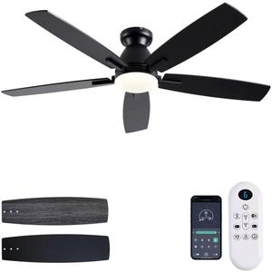 Ceiling Fans with Lights, 52 Inch Low Profile Ceiling Fan with Light and Remote Control, Flush Mount, DC Reversible Motor, Dimmable LED Black Ceiling Fans for Bedroom,Indoor/Outdoor Patio Use