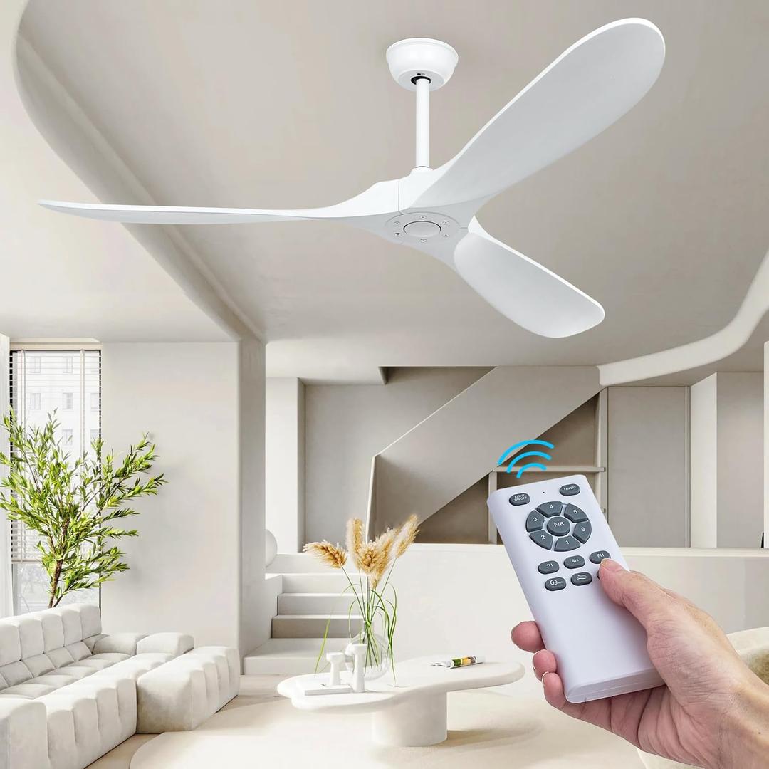 60" Wood Ceiling Fan no Lights with Remote, Reversible DC Motor 6-Speed Ceiling Fan, 3 Wood Fan Blades White Ceiling Fan Without Light, Modern Propeller Ceiling Fans for Bedroom/Living Room