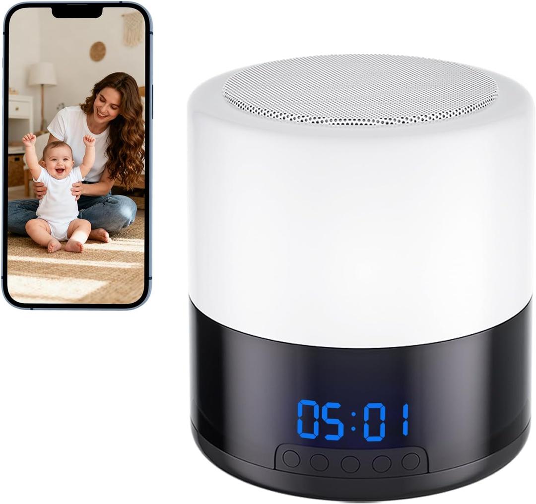Security Camera Indoor for Home - Bluetooth Speaker - Homekit Camera - 1080P Clock Camera with 160°Rotating Viewing Angle - Night Light - AI Motion Detection (Black and White)
