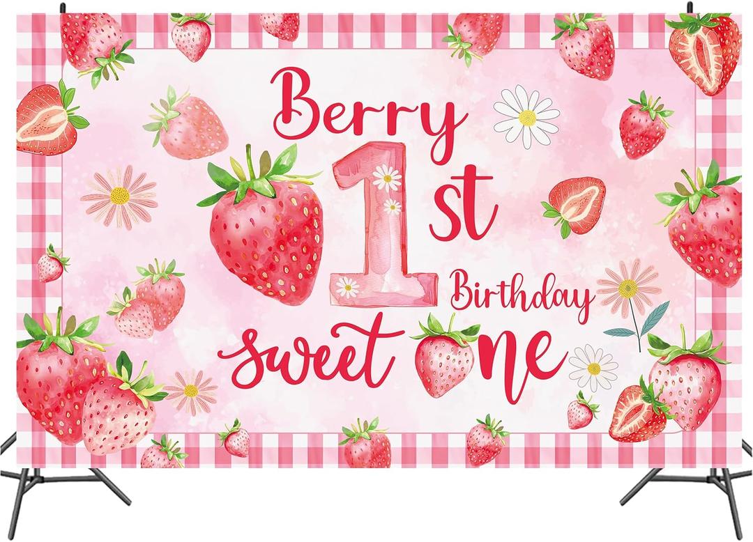 Pink and red Strawberry 1st Birthday Party Decorations, Berry First Birthday Supplies Sweet One Birthday Backdrop for Kids Strawberry Birthday Party Supplies 7FT*5FT