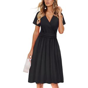 OUGES Women's Summer Short Sleeve V-Neck Floral Short Party Dress with Pockets (Large, Black)