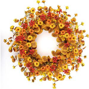 J'FLORU Fall Wreath 22 Inch Fall Wreaths for Front Door Artificial Autumn Wreath with Eucalyptus Leaves Orange Daisies for Harvest Thanksgiving Wall Porch Farmhouse