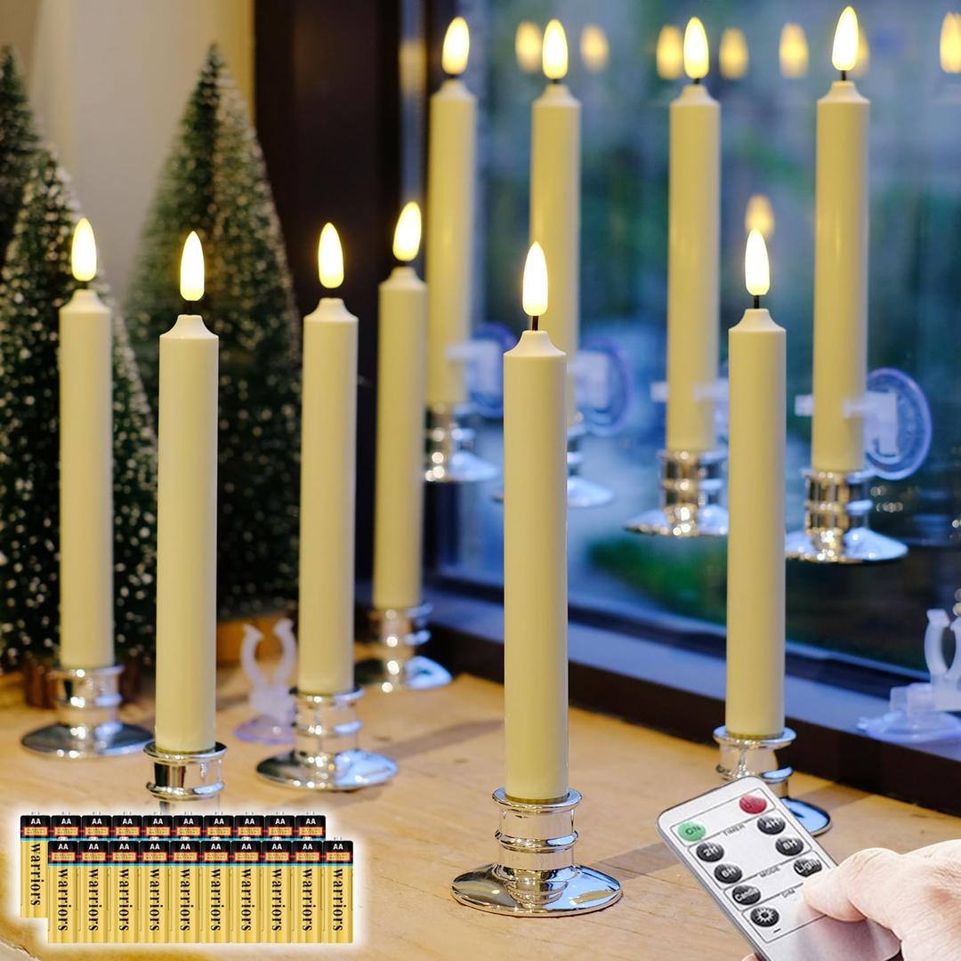10 Pack Window Candles + 20 AA Batteries(Include, Run More Than 400 Hours) + Silver Candleholders + Suction Cups, 8'' Tall. IVORY LED Battery Powered Candle. 3D Flickering Wick, Timer Function