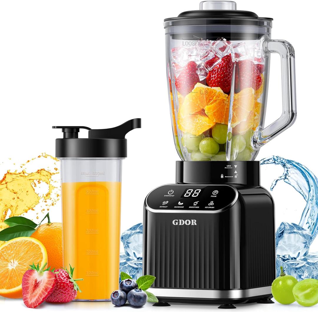 GDOR Professional Blender for Kitchen, 1200 Peak Watts Smoothie Blender, 5 Functions for Ice Crushing & Frozen Fruit, 52 Oz Glass Jar & 24 Oz To-Go Cup Combo, Self-Cleaning, Black (TB-8008)