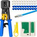 RJ45 Crimp Tool Kit Pass Thru Cat5 Cat5e Cat6 RJ45 Crimping Tool with 20PCS RJ45 Cat6 Pass Through Connectors, 20PCS Covers,1 Wire Punch Down Cutter and 1 Network Cable Tester