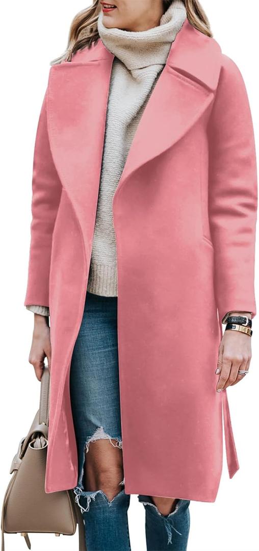 BZB Women's Trench Coat Long Wool Blend Pea Coat Winter Casual Overcoat Notched Lapel Collar Belted Long Jacket Outerwear (Pink) L