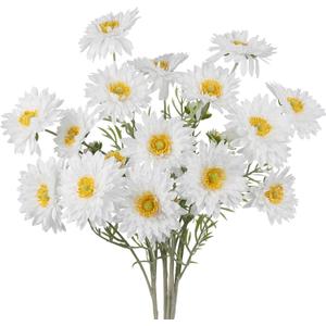 CISDUEO 4 Pcs Artificial Wildflowers Bulk Spring Decor White Fake Cosmos with Long Stems Silk Flower Mums Chrysanthemum Faux Flowers Arrangements for Wedding Bouquet Table Centerpiece Planter Outdoor